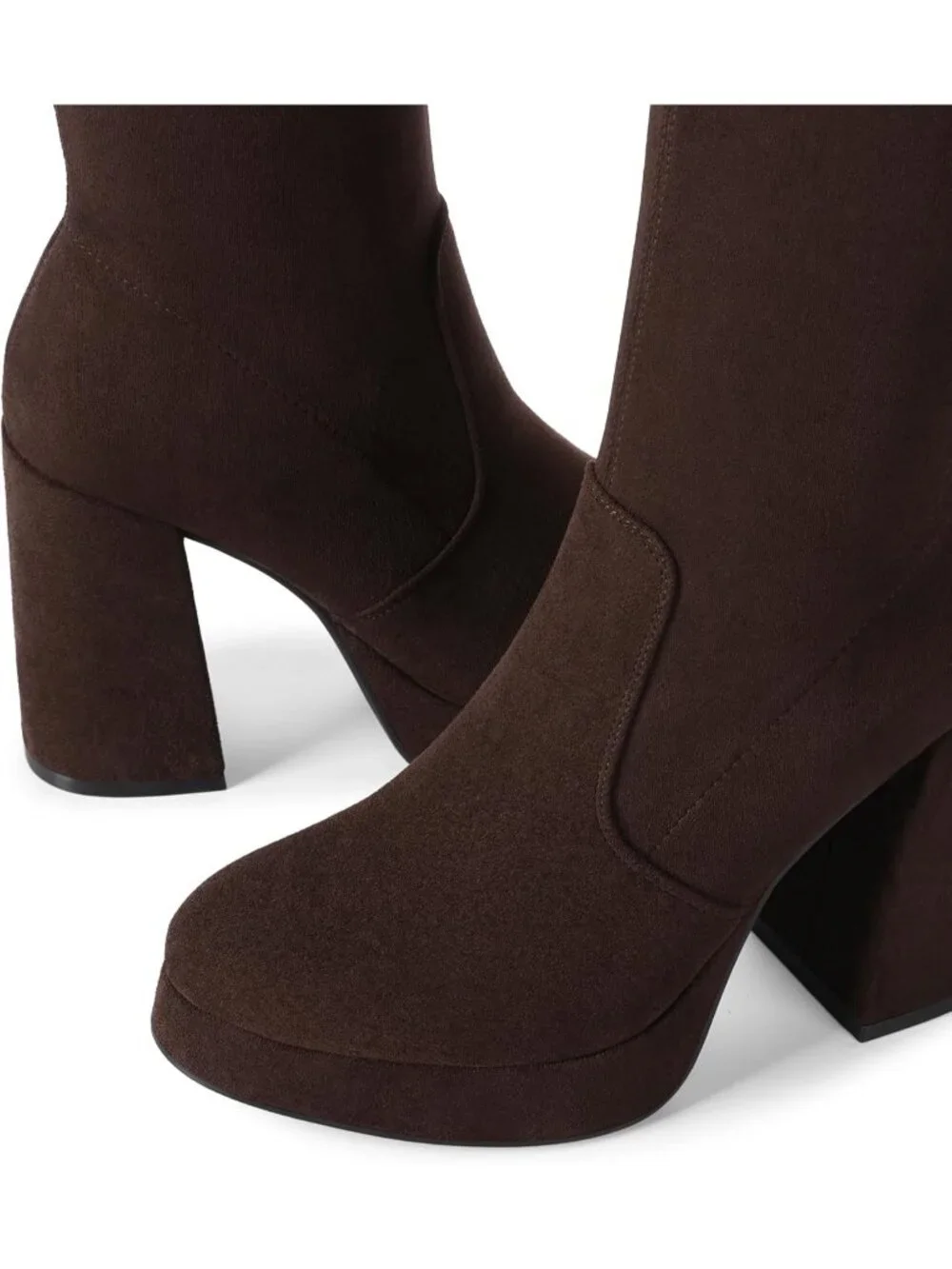 Women's Dark Brown Chunky Platform Heel Round Toe Side Zipper Knee High Boots